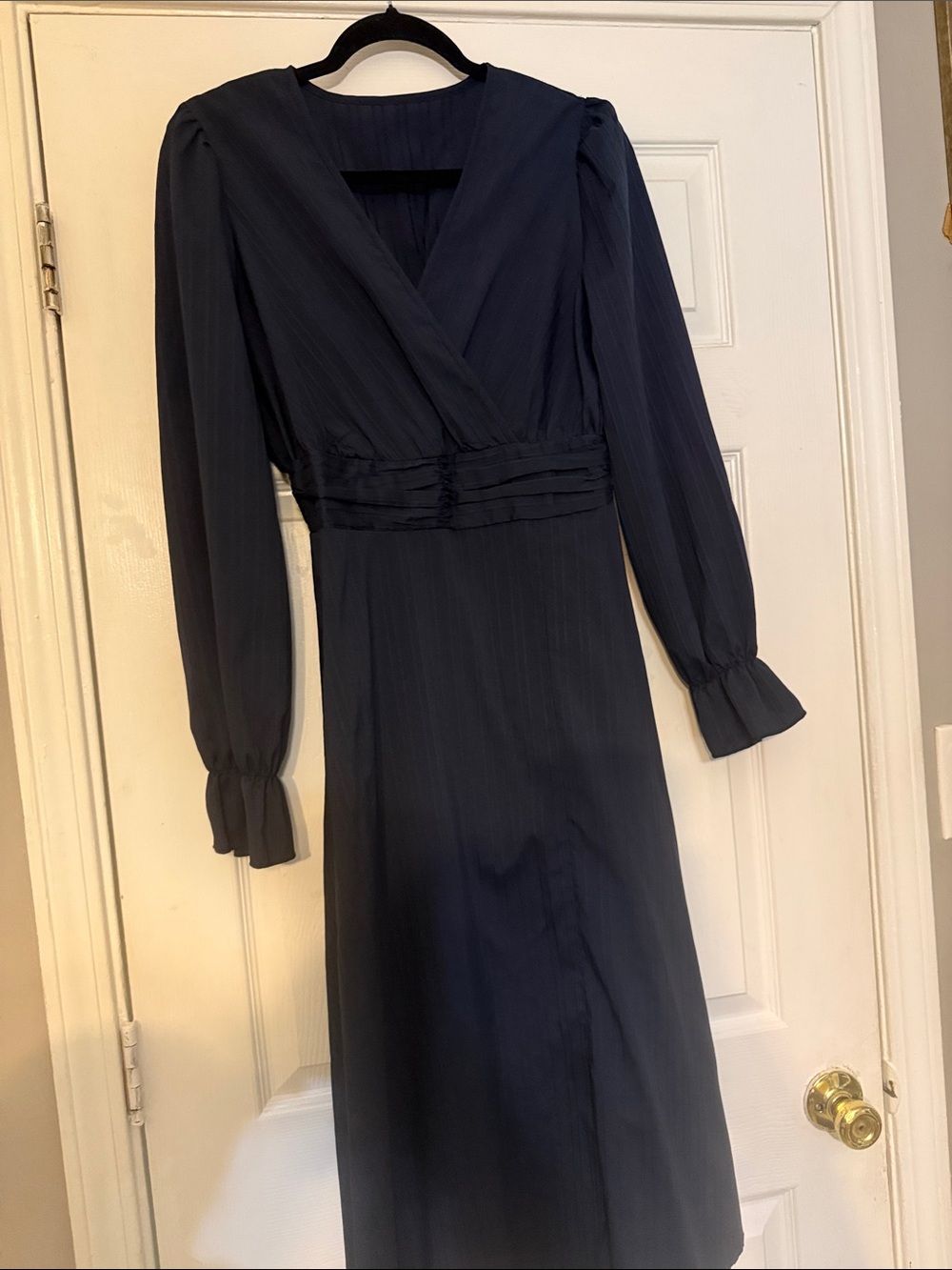 Classic Navy Long Sleeve Wrap-Style Midi Dress
